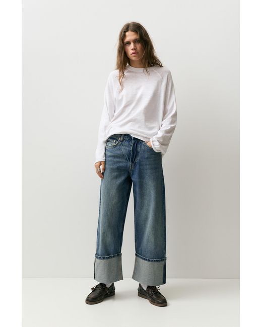 Pull&Bear Blue Loose Straight-Leg Jeans With Turn-Up Hems