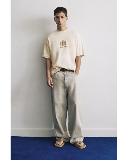 Pull&Bear Natural Short Sleeve Graphic Sweatshirt for men