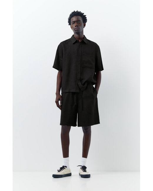 Pull&Bear Black 100% Linen Short Sleeve Shirt for men