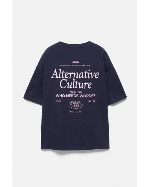 Pull&Bear Blue Relaxed Fit Preppy Place Graphic T-Shirt for men