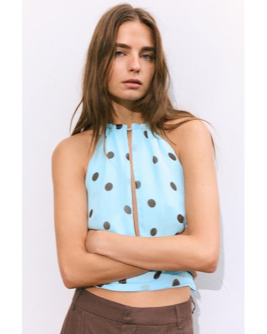 Pull&Bear Green Polka Dot Halter Top With Cutout