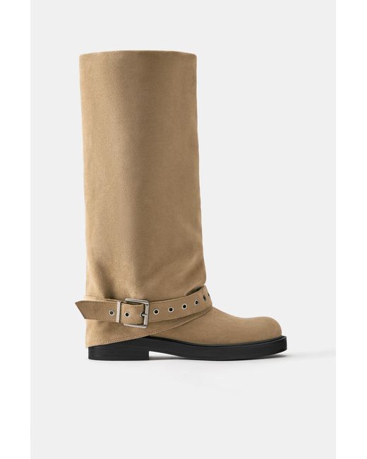 Pull&Bear White Flat Footed Leggings Boots With Buckle