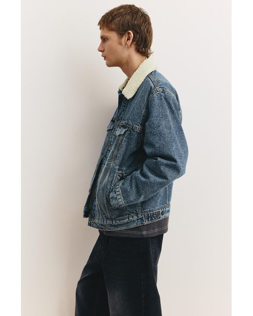 Pull&Bear Blue Denim Jacket With Faux Shearling Collar for men