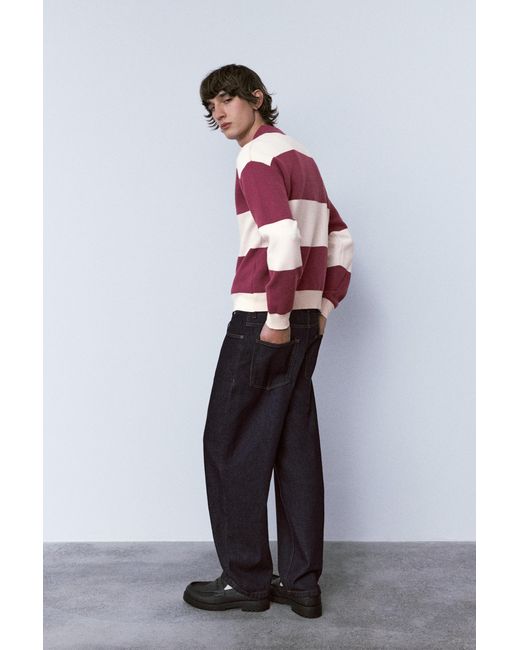 Pull&Bear Red Paneled Knit Polo Shirt for men