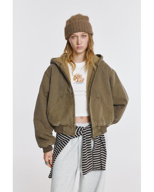 Pull&Bear Metallic Hooded Jacket With Faux Shearling Lining