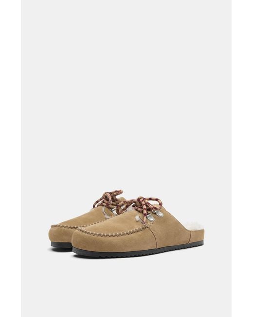Pull&Bear White Faux Shearling Leather Lace-Up Clogs