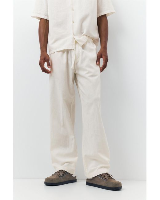 Pull&Bear White Linen Blend Jogger Trousers for men