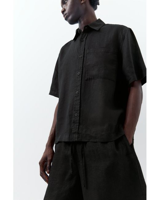 Pull&Bear Black 100% Linen Short Sleeve Shirt for men