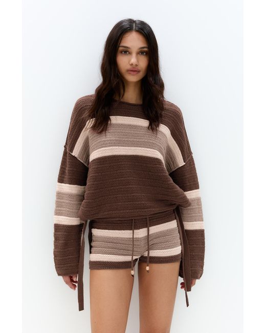Pull&Bear Brown Striped Crochet Sweater