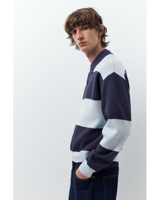 Pull&Bear Blue Paneled Knit Polo Shirt for men