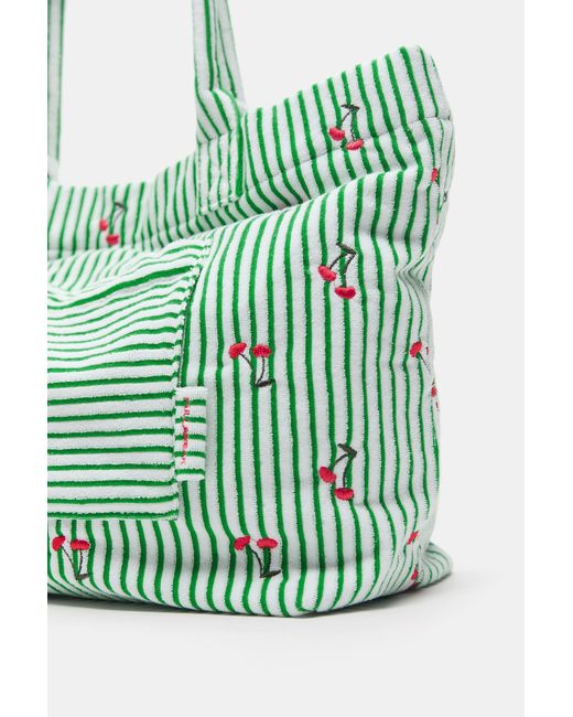 Pull&Bear Green Striped Towel-Effect Tote Bag