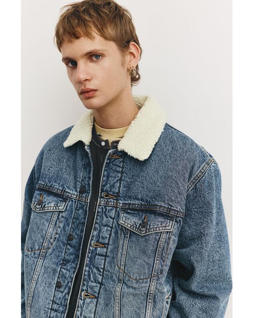 Pull&Bear Blue Denim Jacket With Faux Shearling Collar for men
