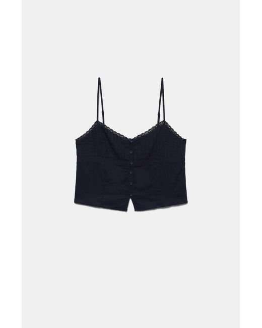 Pull&Bear Blue Lace-Trimmed Camisole Crop Top