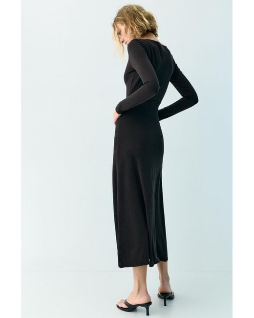Pull&Bear Black Fluid Draped Cupro Midi Dress