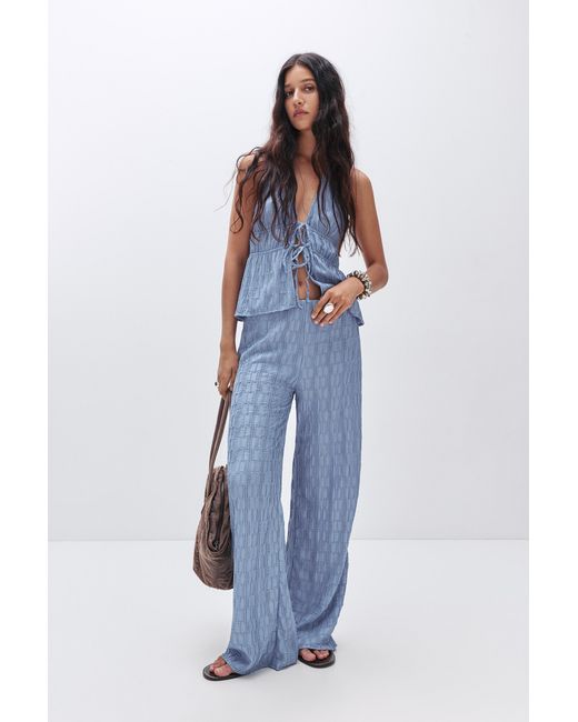 Pull&Bear Blue Textured Flared Trousers