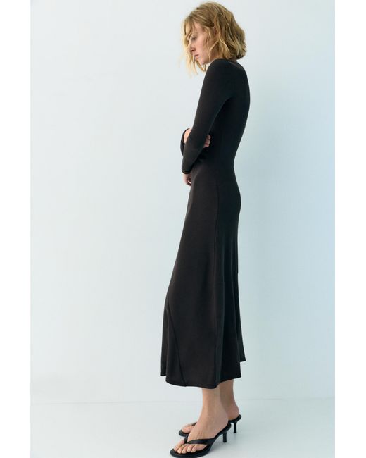 Pull&Bear Black Fluid Draped Cupro Midi Dress