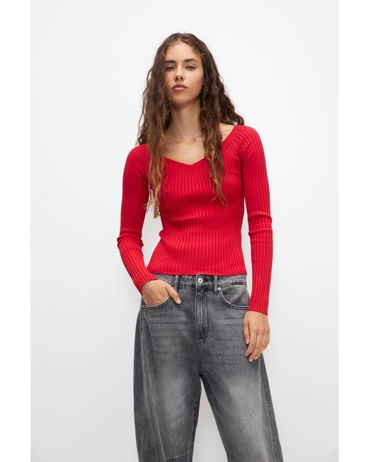 Pull&Bear Red Ribbed V-Neck Jumper