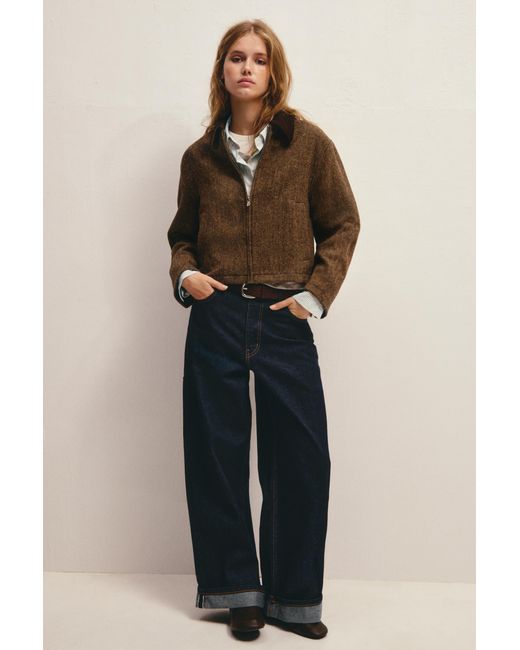 Pull&Bear Blue Herringbone Jacket With Combined Collar