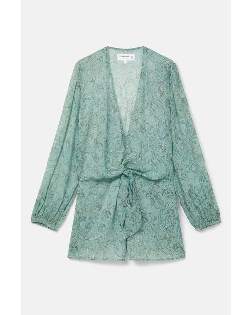 Pull&Bear Green Printed Short Romper With Ruching