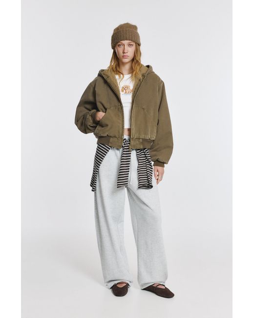 Pull&Bear Metallic Hooded Jacket With Faux Shearling Lining