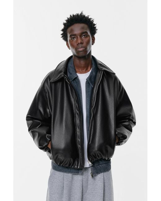 Pull&Bear Black Voluminous Leather Effect Jacket for men