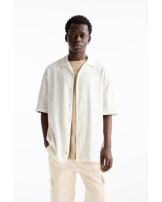 Pull&Bear Natural Basic Short Sleeve Linen Blend Shirt for men