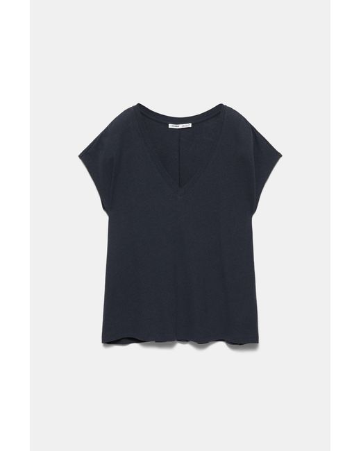 Pull&Bear Blue V-Neck Linen T-Shirt