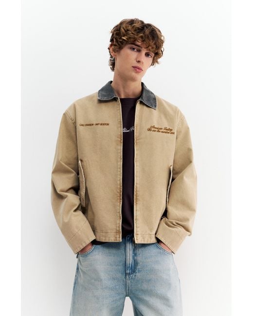 Pull&Bear Natural Contrast Collar Embroidered Jacket for men