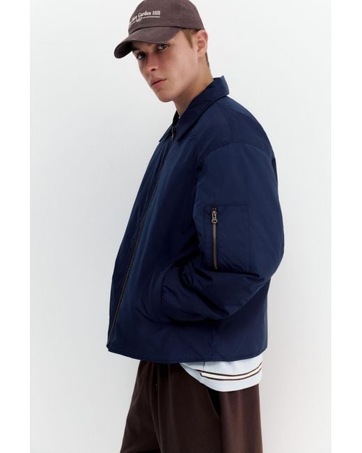Pull&Bear Blue Bomber Jacket With Shirt Collar for men