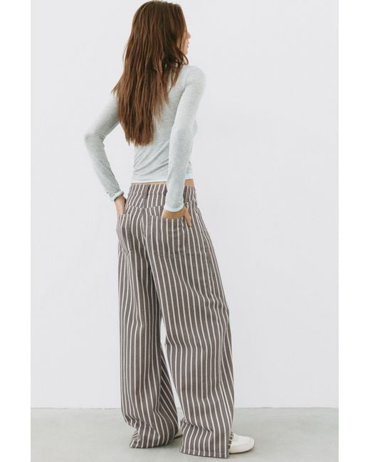 Pull&Bear Gray Low-Rise Striped Baggy Jeans