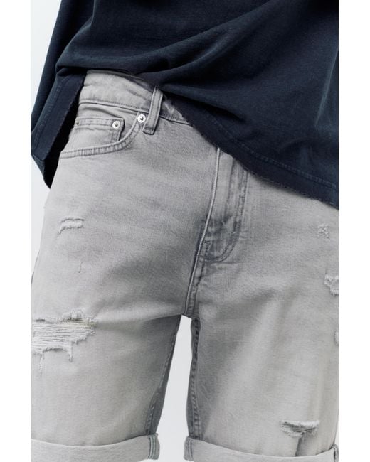Pull&Bear Blue Ripped Denim Bermuda Shorts for men