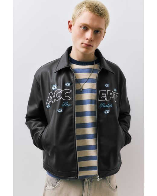 Pull&Bear Black Faux Leather Flower Jacket for men