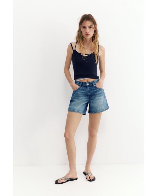 Pull&Bear Blue Mid-Waist Denim Bermuda Shorts