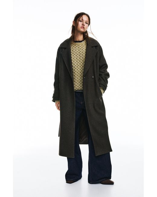 Pull&Bear Black Long Felt Texture Coat With Belt
