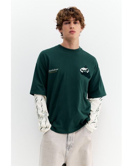 Pull&Bear Green Double Sleeve Graphic T-Shirt for men