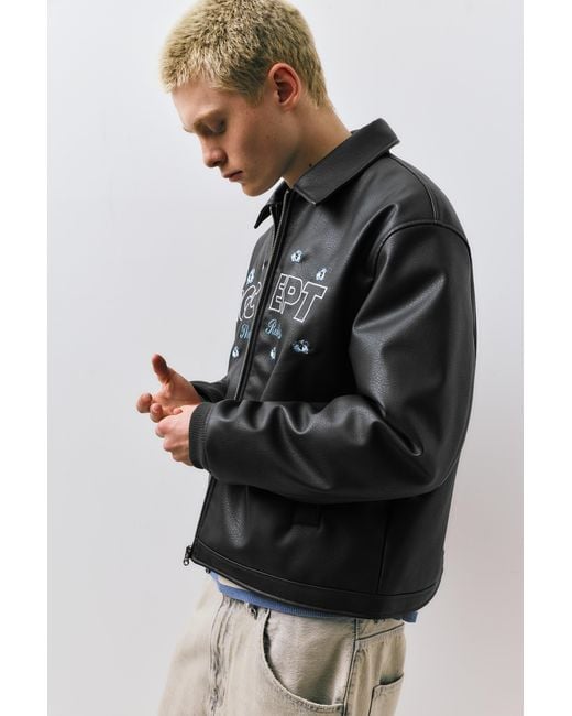 Pull&Bear Black Faux Leather Flower Jacket for men
