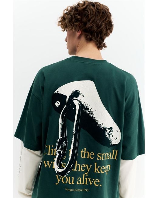 Pull&Bear Green Double Sleeve Graphic T-Shirt for men