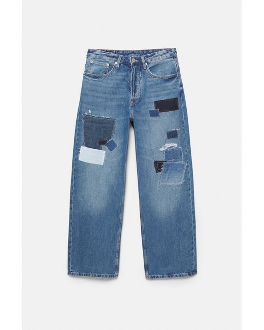 Pull&Bear Blue Baggy Patchwork Jeans for men