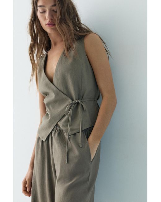 Pull&Bear Green Rustic Linen-Blend Waistcoat