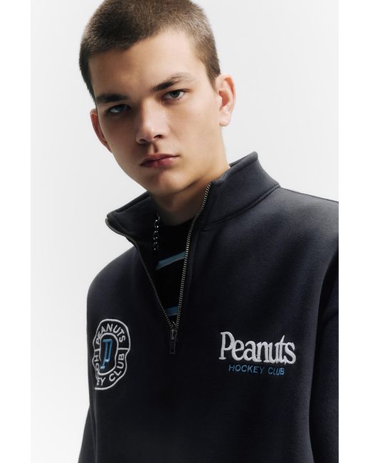 Pull&Bear Blue Peanuts Quarter-Zip Sweatshirt for men