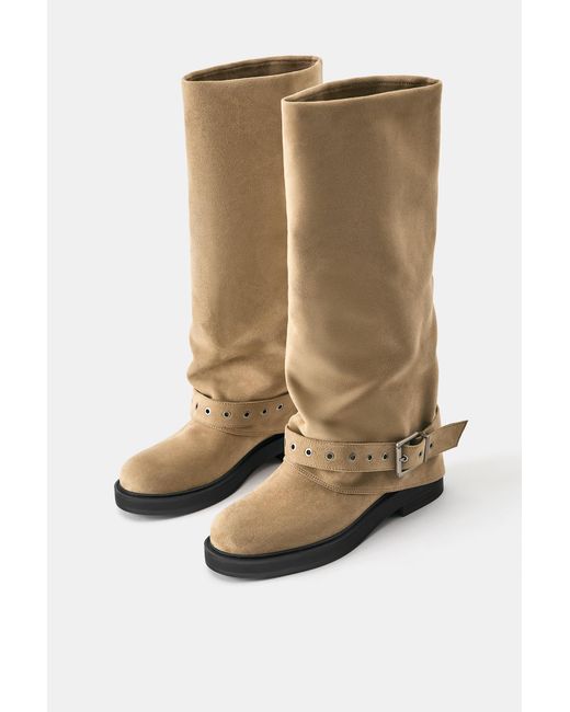 Pull&Bear White Flat Footed Leggings Boots With Buckle
