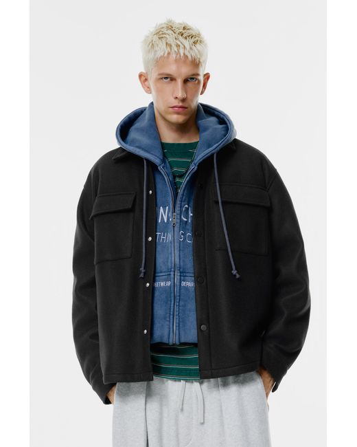 Pull&Bear Blue Cloth Overshirt With Pockets for men