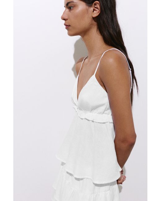 Pull&Bear White Ruffled Linen Blend Top