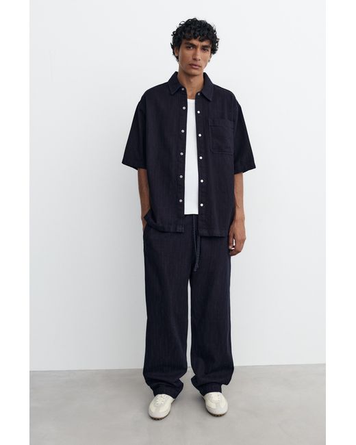 Pull&Bear Black Short Sleeve Striped Denim Shirt for men