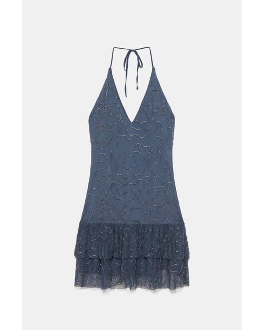Pull&Bear Blue Short Halter Beaded Dress
