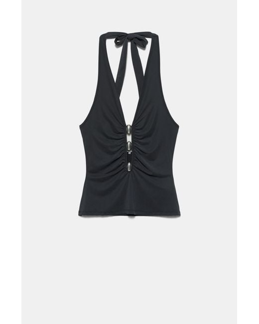 Pull&Bear Black Halter Top With Metallic Details