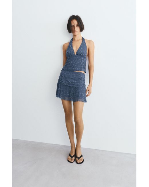 Pull&Bear Blue Beaded Tulle Halter Top