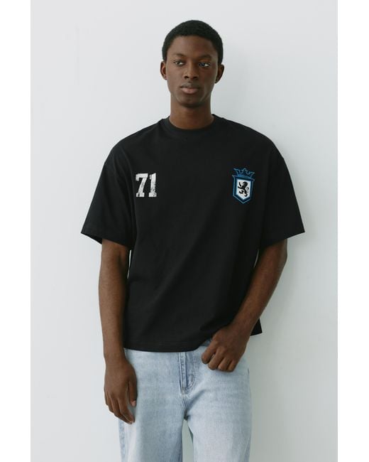 Pull&Bear Black Stwd Boxy Lion Graphic T-Shirt for men