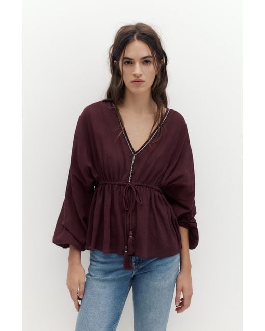Pull&Bear Multicolor Beaded Tie Blouse