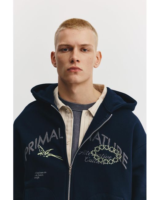 Pull&Bear Blue Primal Nature Zip-Up Hoodie for men